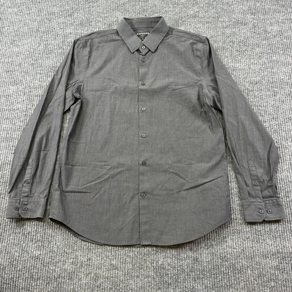 Express Modern Fit Mens Dress Shirt L 16-16.5 Gray Printed Stretch Long Sleeve‎